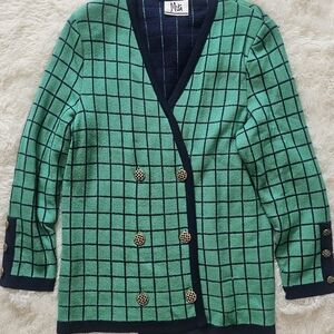 Vintage 80s Green Striped Oversized Cardigan Sweater By Mita Womens Size 14